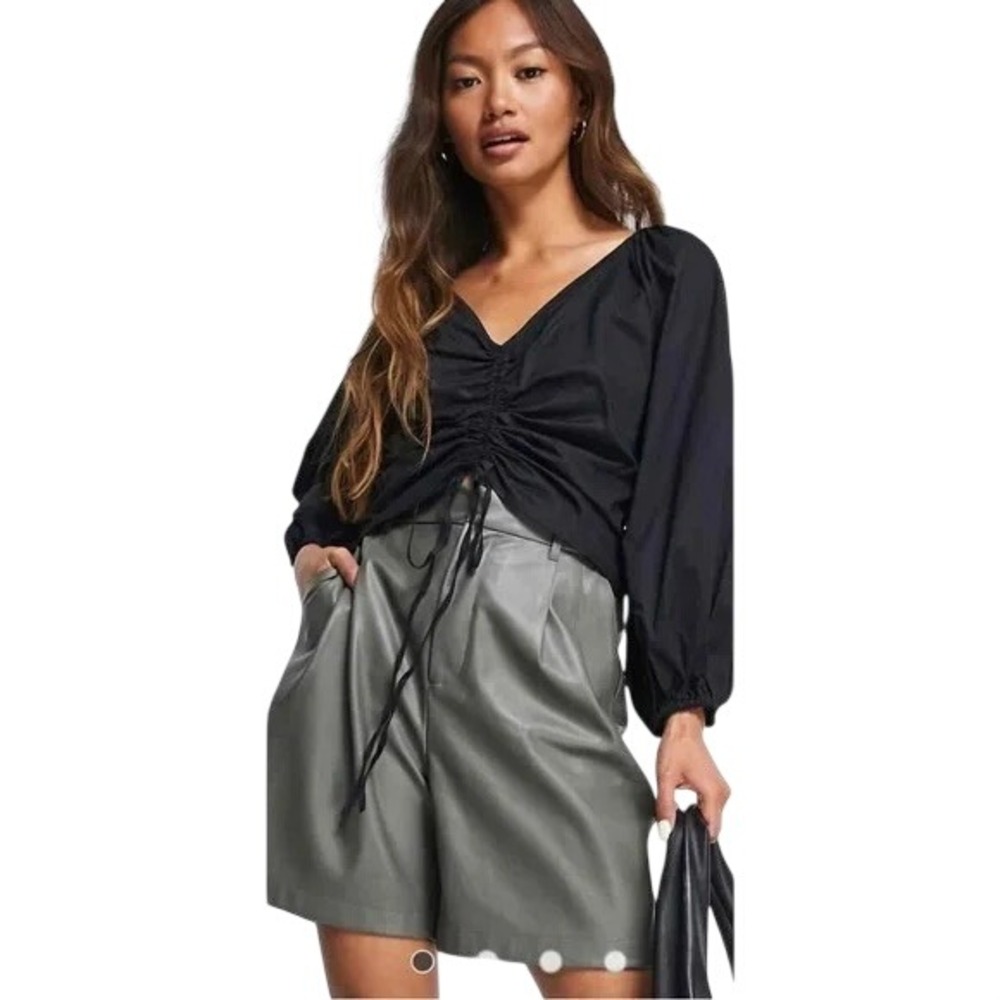 CeCe Black V Neck Ruched Drawstring Balloon‎ Sleeve Blouse Top Size S